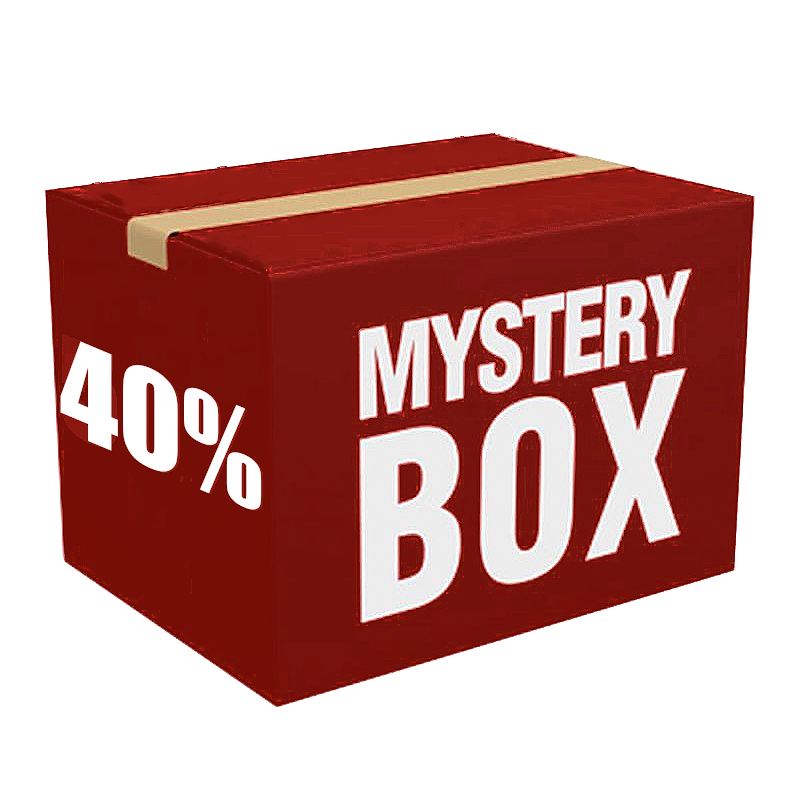 Red mystery box with '40% OFF' and 'Mystery Box' text on a white background